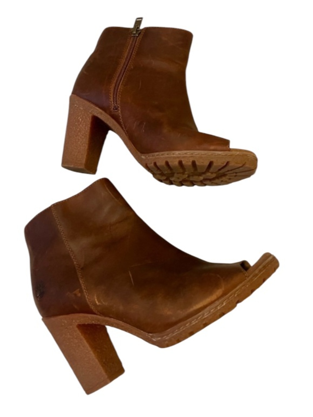 Timberland Woman’s Brown Distressed Leather Tillston Peep-Toe Heeled Boots 8.5